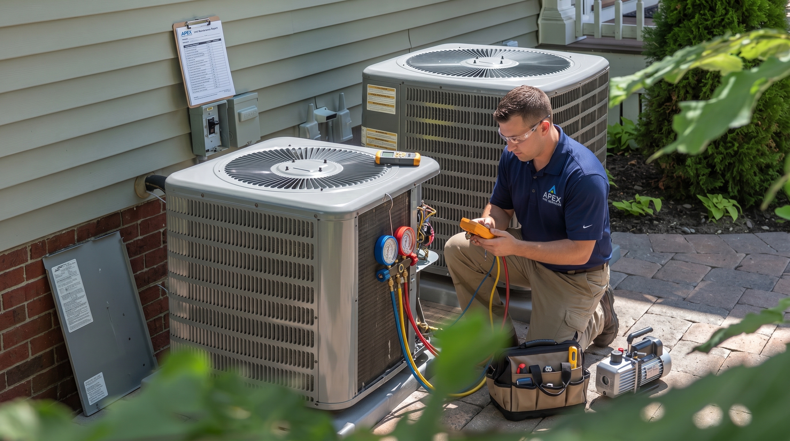 HVAC technician servicing dual outdoor AC units