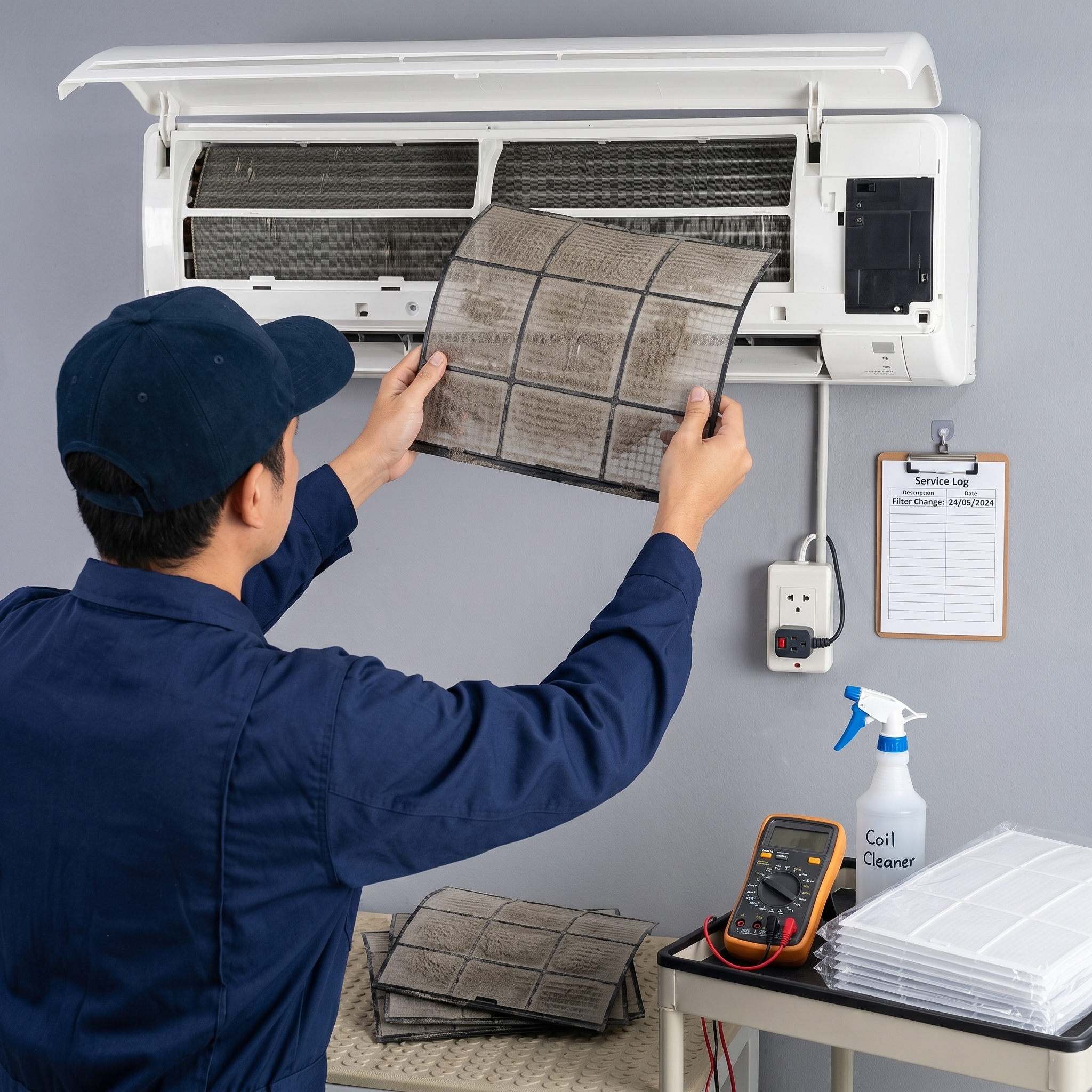 HVAC technician servicing an indoor air conditioning unit