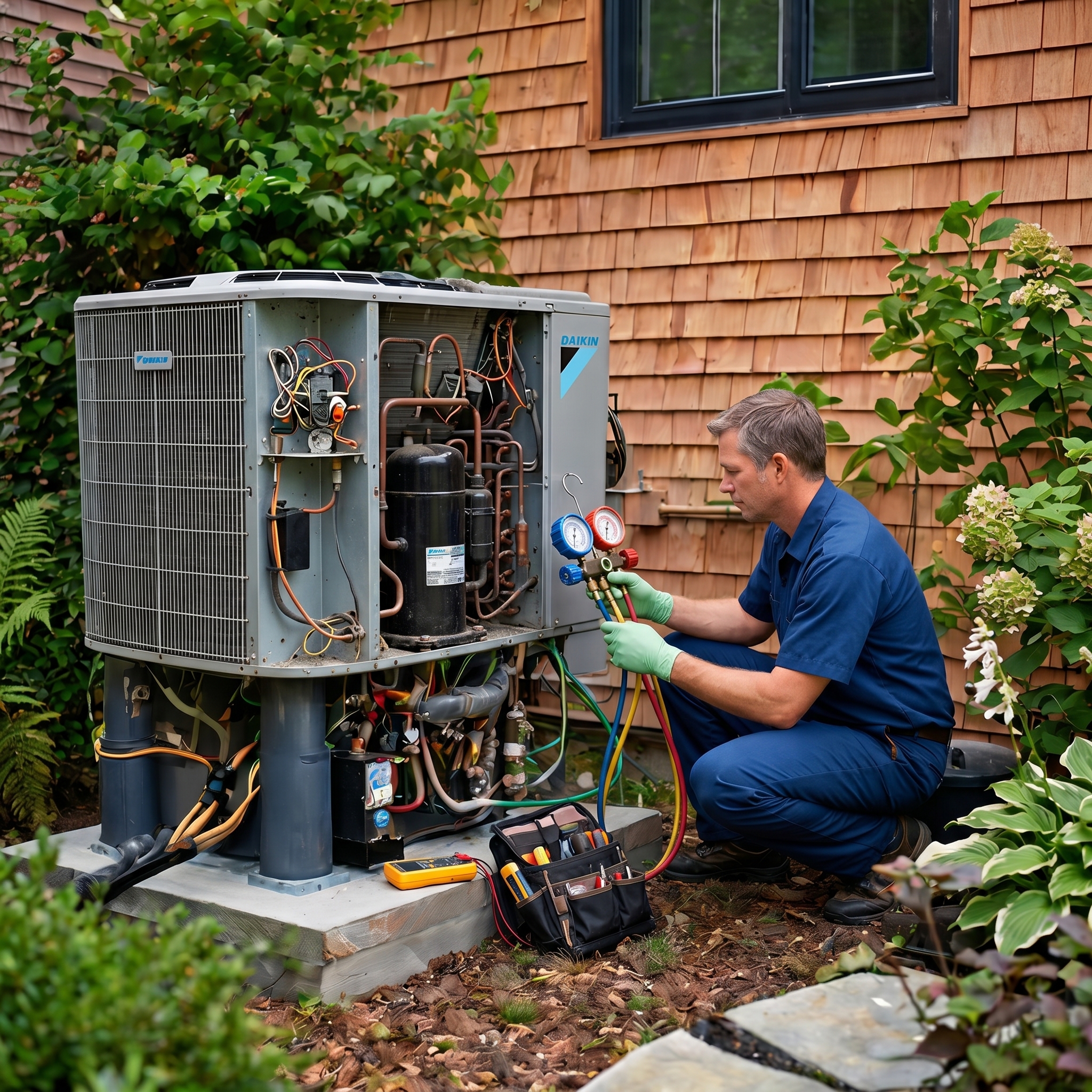 HVAC technician servicing an outdoor AC unit