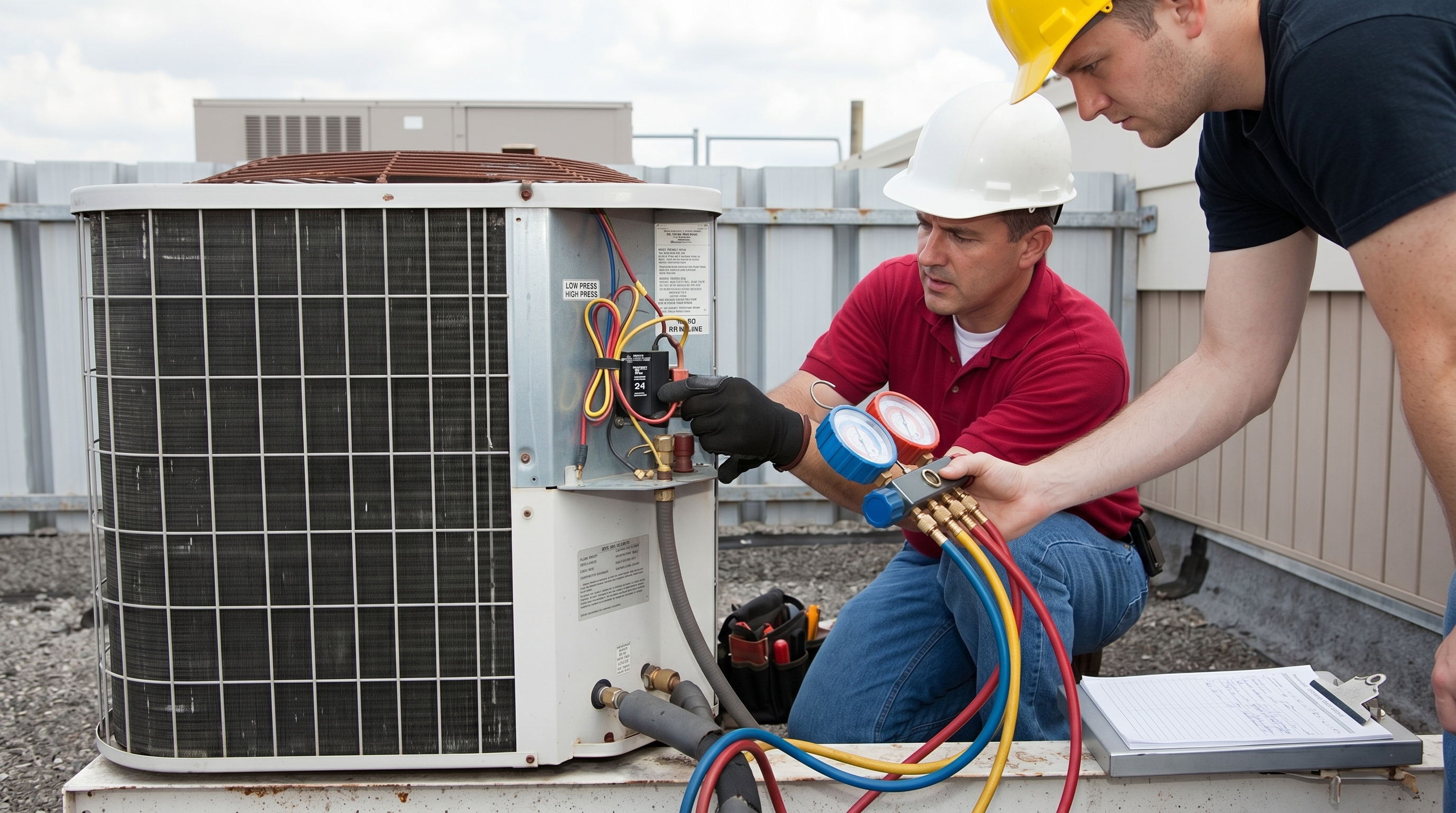 HVAC technicians checking an air conditioning unit