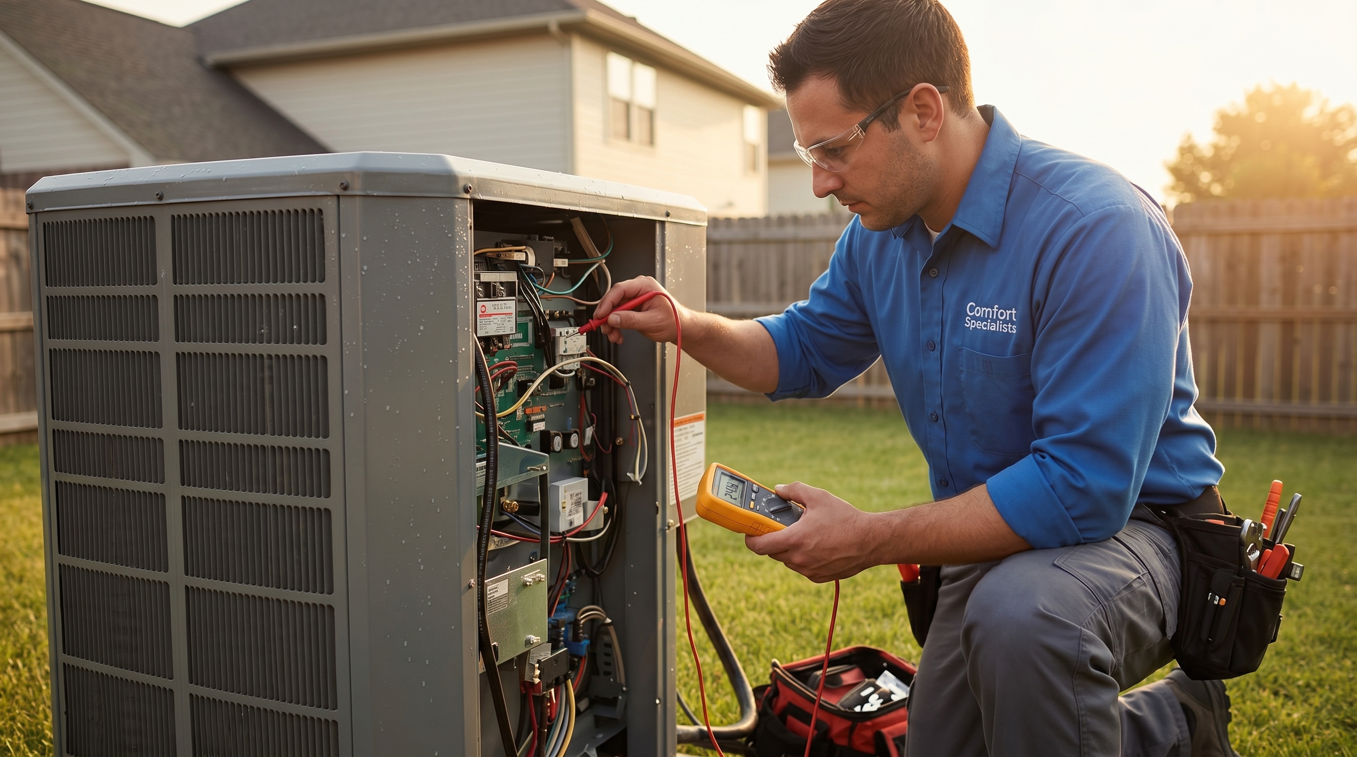 HVAC technician repairing wiring on an AC unit