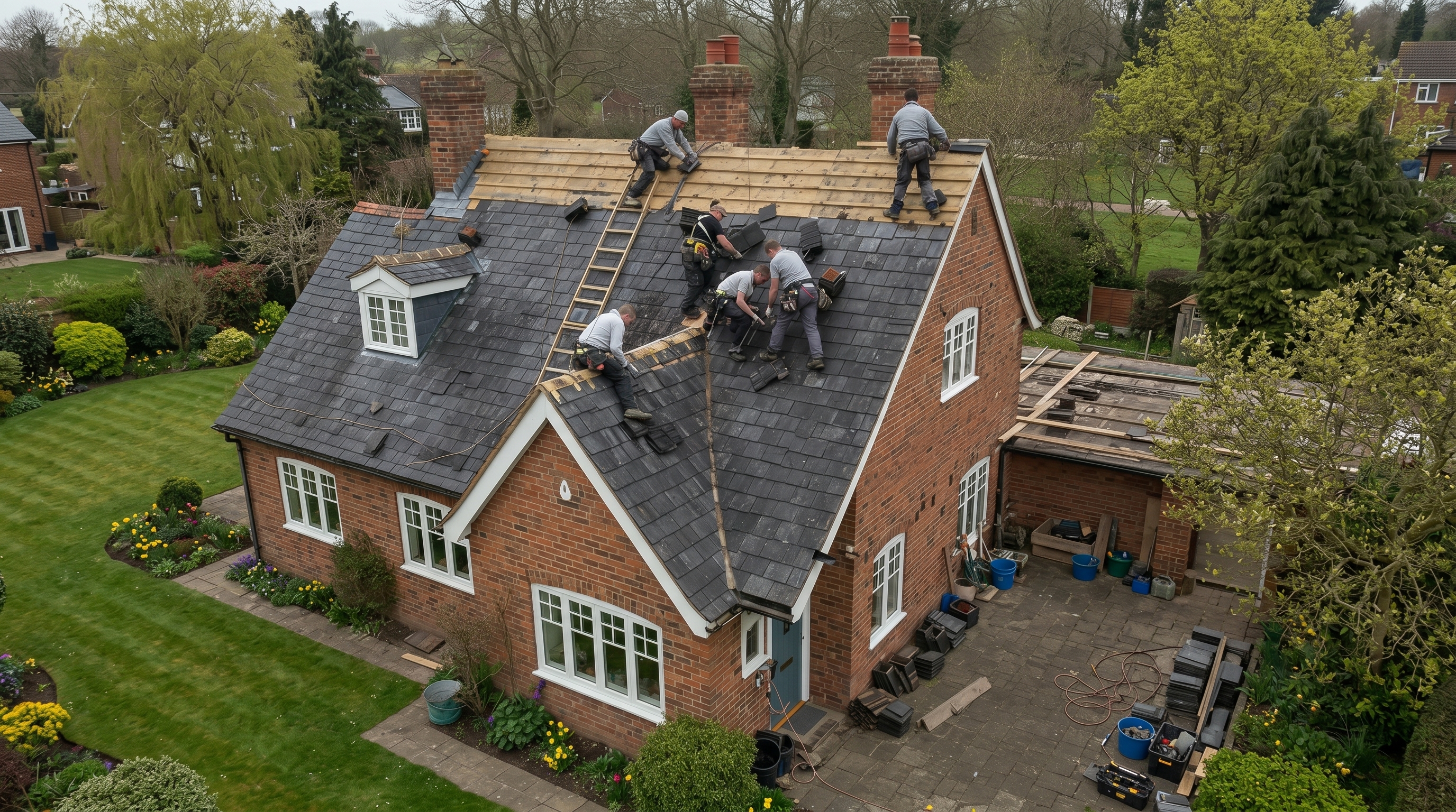 Roofing crew working on a residential home