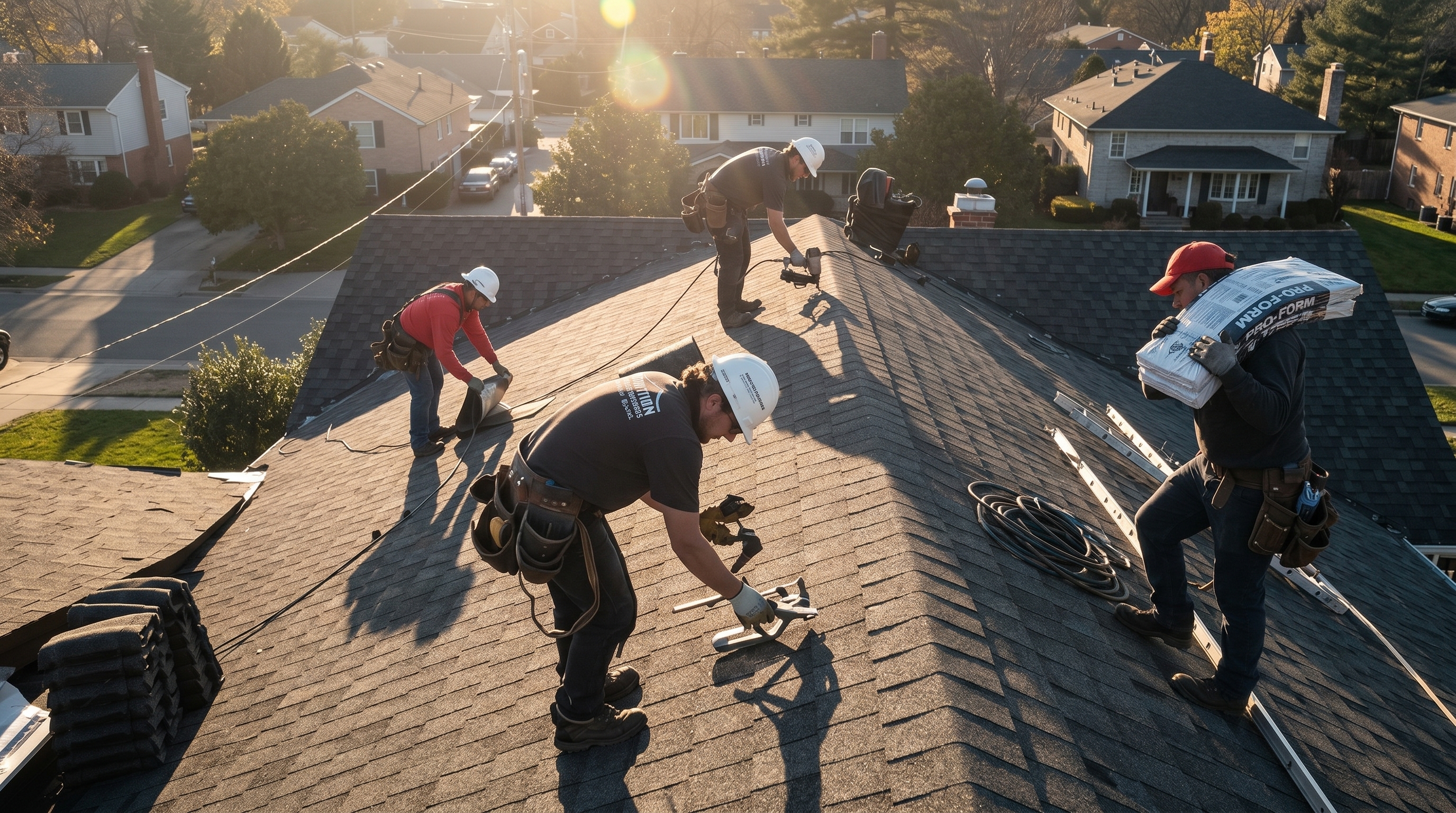 Aerial view of roofing crew working at golden hour