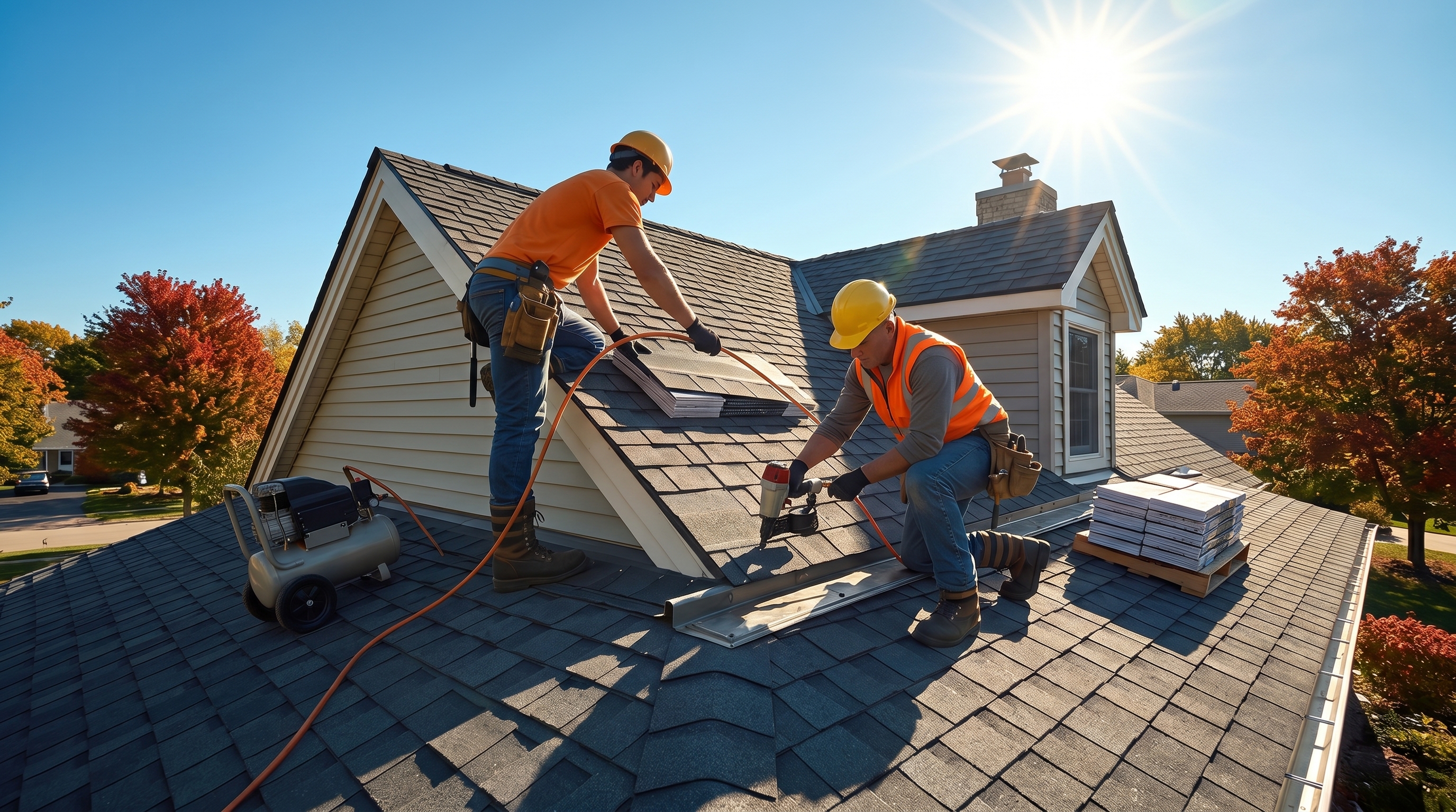 Roofing contractors installing shingles on a sunny day
