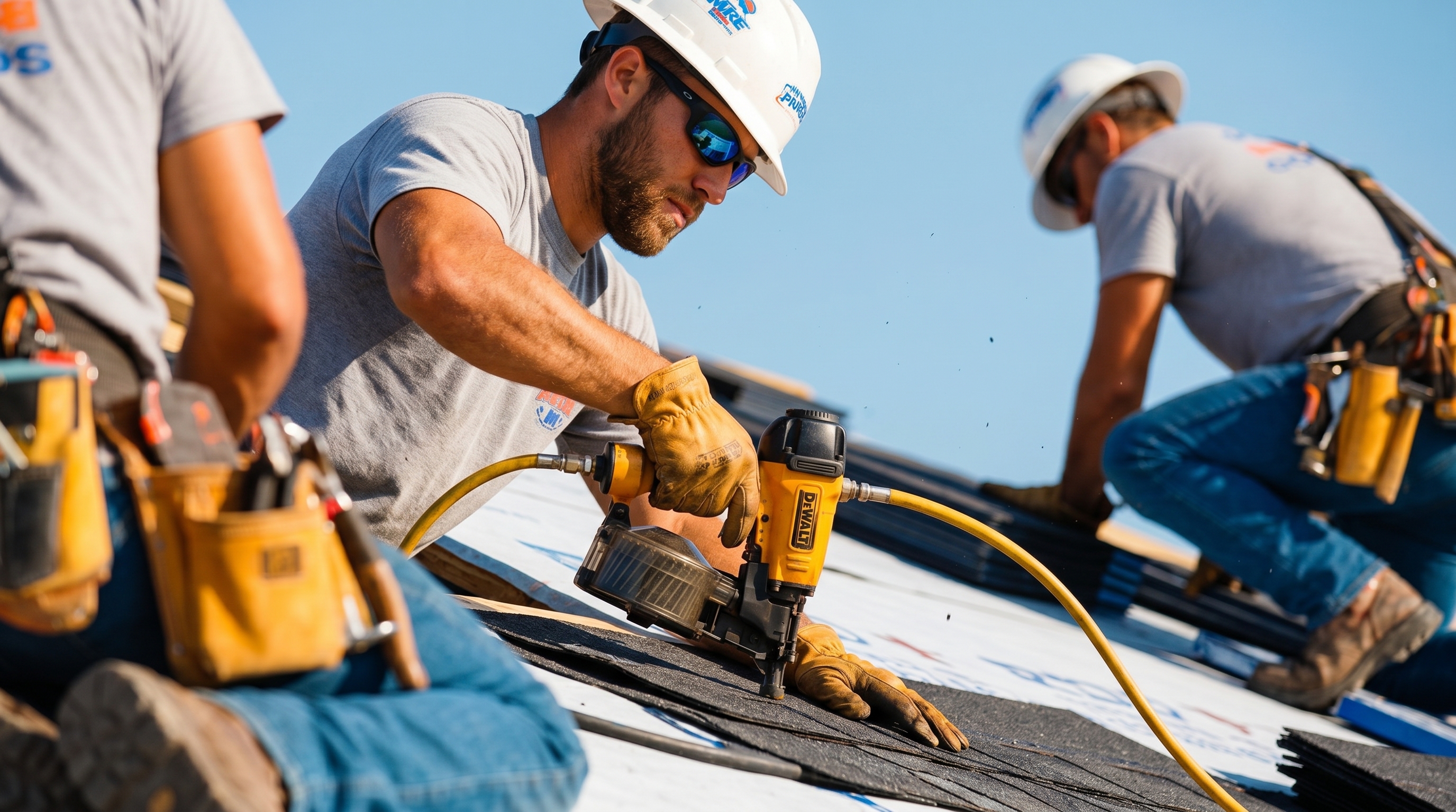 Roofer nailing shingles with a nail gun