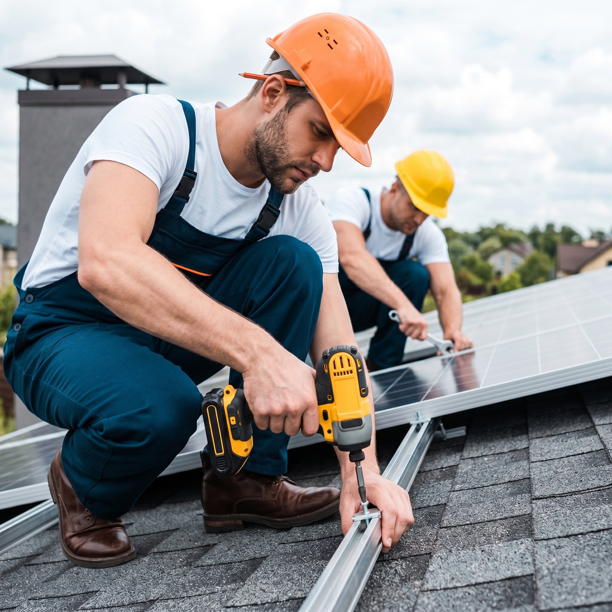 Workers installing solar panels on a residential roof