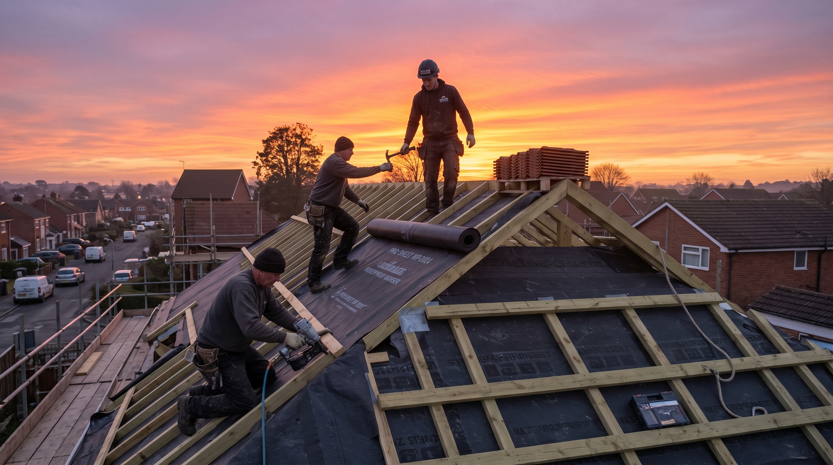 Roofing crew working at sunset