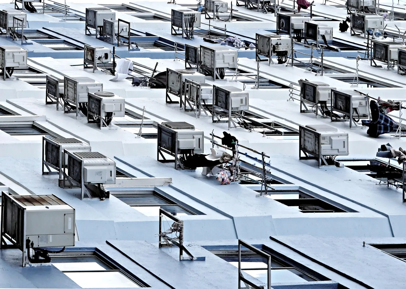 Aerial view of rooftop air conditioning units across a building
