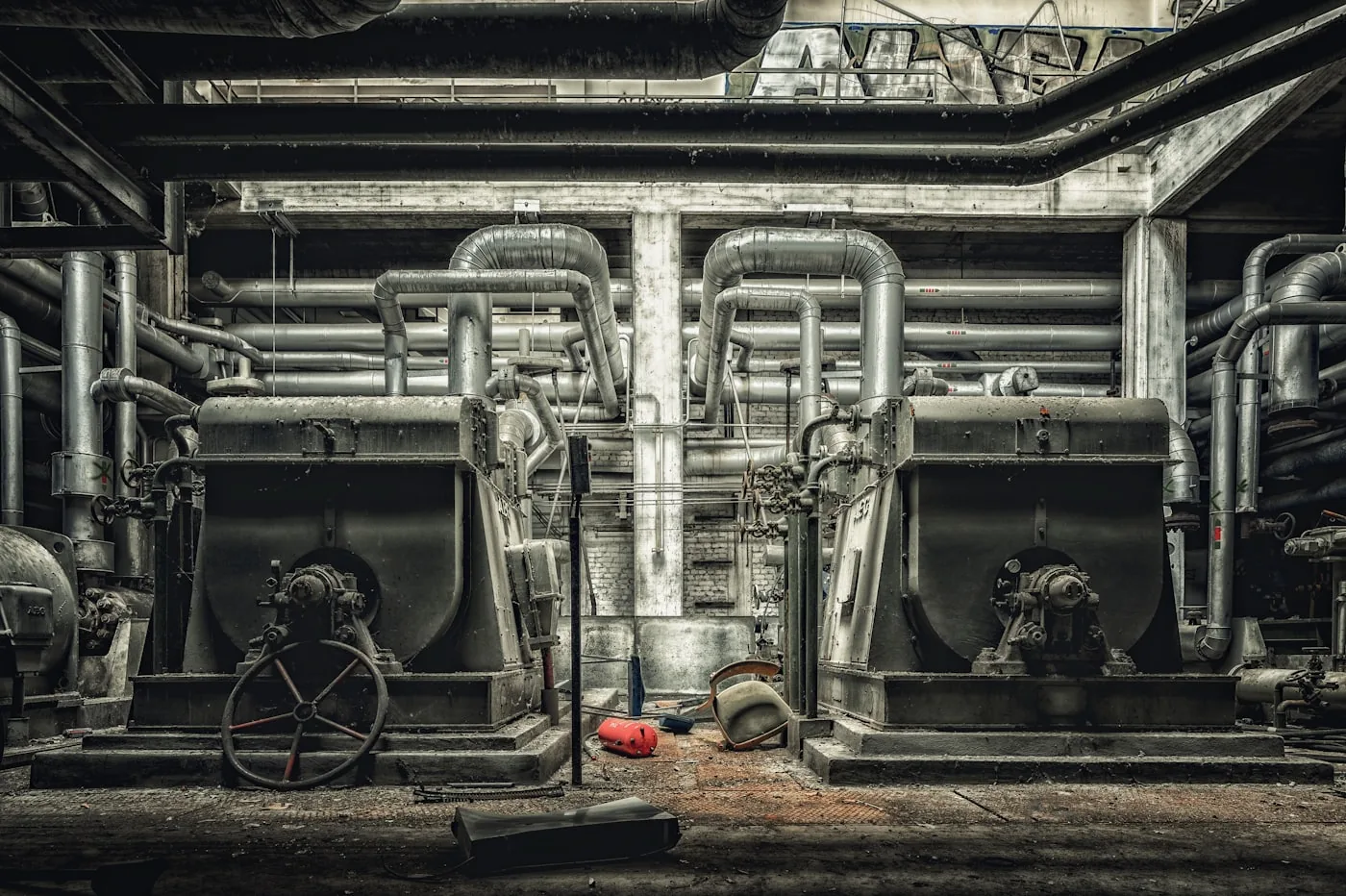 Commercial heating pipes and shut off valves in a plant room