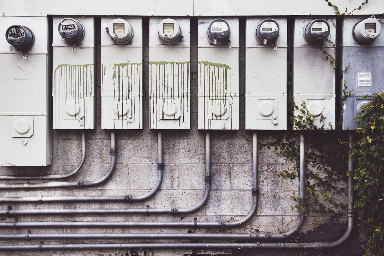 A row of residential electricity meters mounted side by side on an outside block wall