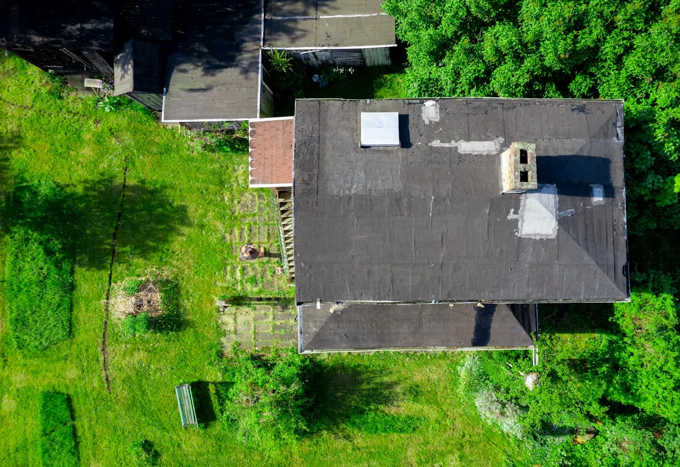 Aerial view of a residential roof surrounded by mature trees
