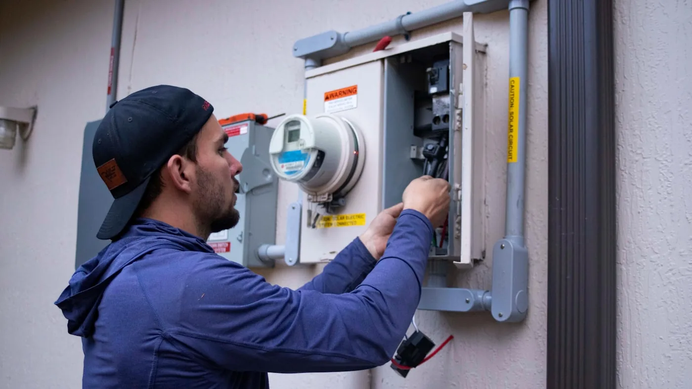 HVAC technician testing an electrical meter during a diagnostic call