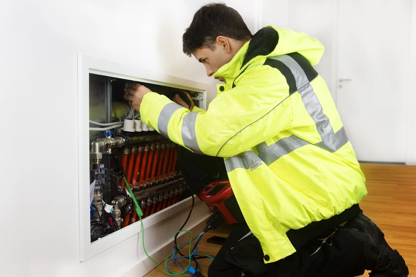 HVAC contractor reviewing job data on a computer in the field
