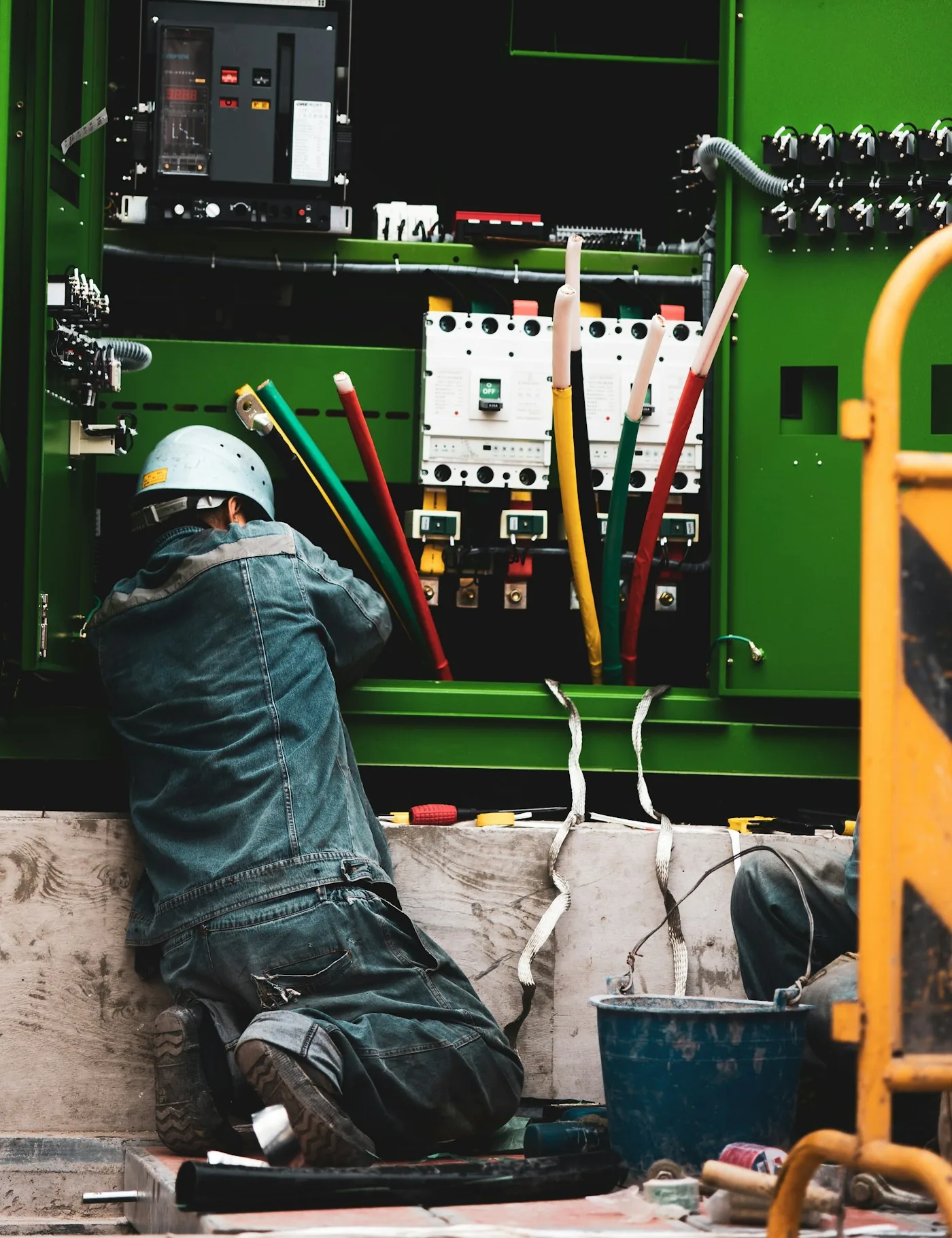 HVAC service technician in safety gear on a residential job site